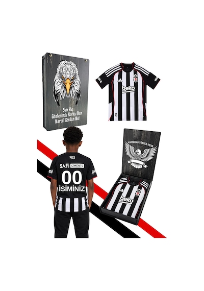 Lisanslı Adidas Beşiktaş Forma 25-26 Sezon Çubuklu Çocuk Forması Kişiye Özel Siyah-beyaz