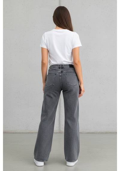 Woddi Nova Kadın Yüksek Bel Füme Salaş Jeans Wide Leg Geniş Paça Palazzo Kot Pantolon