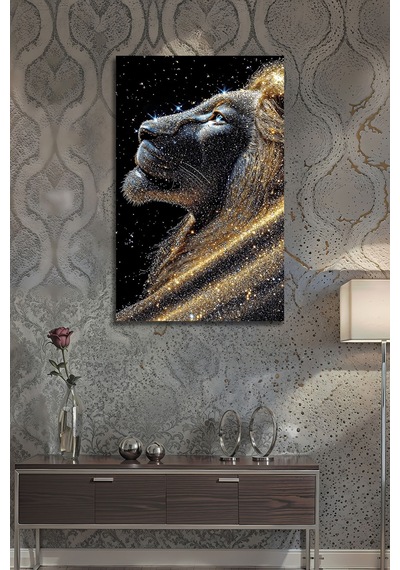 Altın Parıltılı Aslan Modern Parlak Cam Tablo Lüks 4mm Temperli Hayvan Figürlü Dekoratif Duvar Tablosu, Salon, Ofis Ve Çalışma Alanı Dekoru,