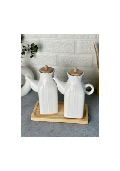 Bambu Standlı 2 Li Kare Porselen 1000 Ml Yağdanlık Yağlık Seti Beyaz Beyaz