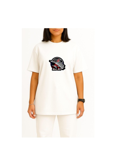 Bahriyeli Collection Oversize Sukhoi Su-57 Savaş Uçağı Göğüs Baskılı Unisex T-shirt Beyaz