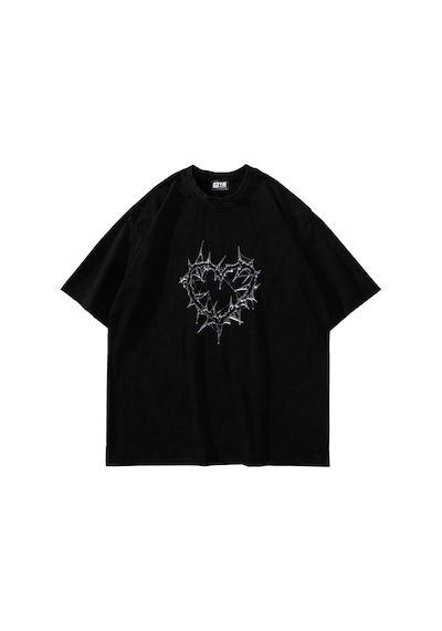 Thorny Heart Baskılı Oversize Unisex Beyaz Siyah