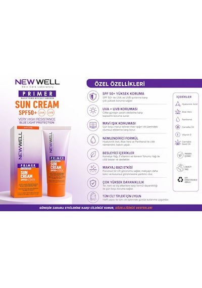 New Well Primer Sun Cream Spf50+ 50 Ml Makyaj Bazlı Güneş Kremi Uva Uvb & Mavi Işık Koruması