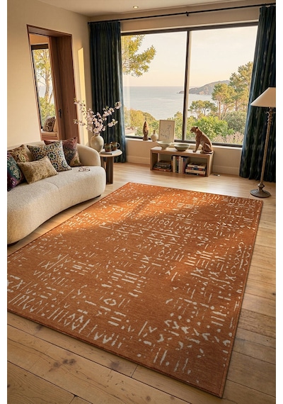 Mikasa Mks01t Turuncu Dekoratif Şönil Kilim İskandinav Desen Yıkanabilir Yumuşak Kaymaz Taban Halı Truncu