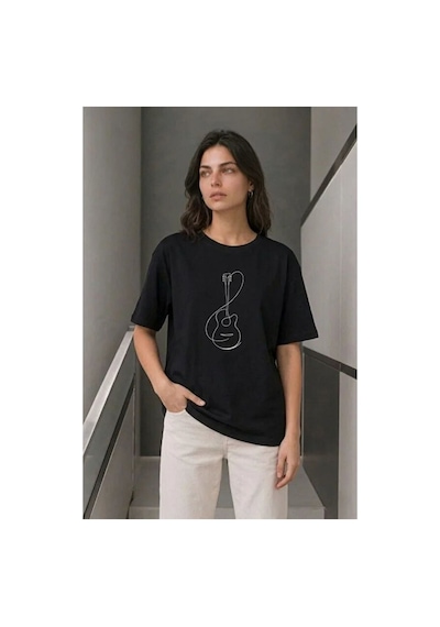 Butik İstanbul Minimal Gitar Baskılı Tişört T-shirt Yazlık Kısa Kol Bisiklet Yaka T-shirt - Siyah