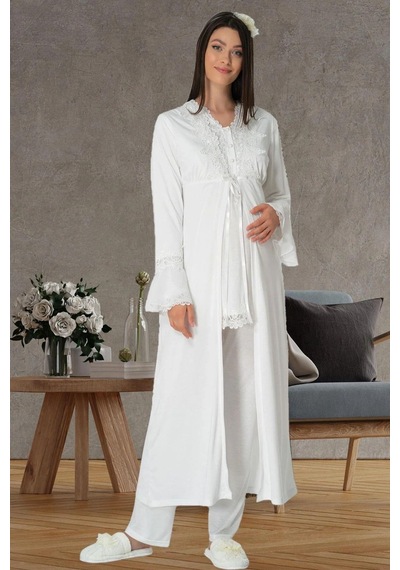 Mecit Pijama Mecit 1517 Ekru Sabahlıklı Lohusa Pijama Takımı