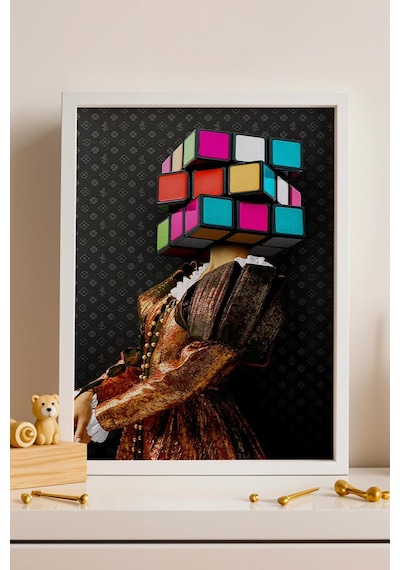 Rubik Küpü Kafalı Kadın Çerçeveli Tablo Rönesans Tarzı Renkli Küp Başlıklı Modern Ofis Dekoru Modifiye Sanat