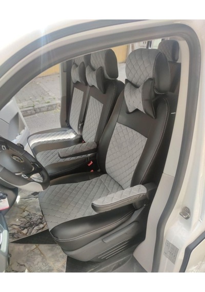 Volkswogen Transporter 5+1 T6 T7 Uyumlu Gri Nakışlı Taytüyü Siyah Deri Karışımı Gri Ip