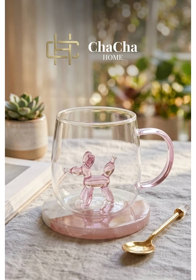 Chacha Home Figürlü Borosilikat Cam Kupa 350 Ml - Renkli Kulplu Bardak - El Yapımı Cam Figürlü Sunum Kupası Beyaz