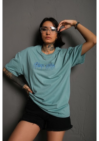 Noıssey Kod:ızeı - Unisex Oversize Rıtual Mavi Yıldırım Baskılı Pamuklu T-shirt P--1008 Yeşil