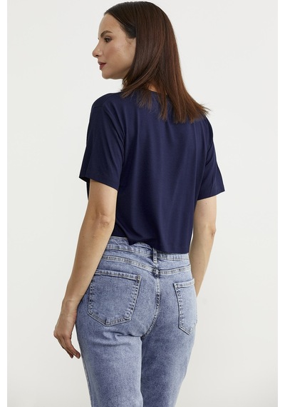 Oversize Baskılı Crop Tişört - Lacivert Çok Renkli