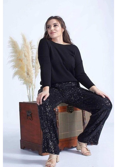 Moda Berray 4024 Siyah Payetli Büyük Beden Pantolon Siyah