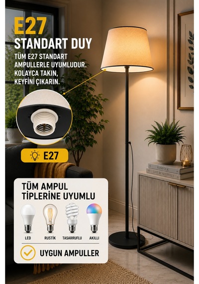 Lucca Model Siyah Metal Ayaklı Bohem Lambader 145 Cm Kumaş Başlıklı Salon Yatak Odası Köşe Aydınlatma