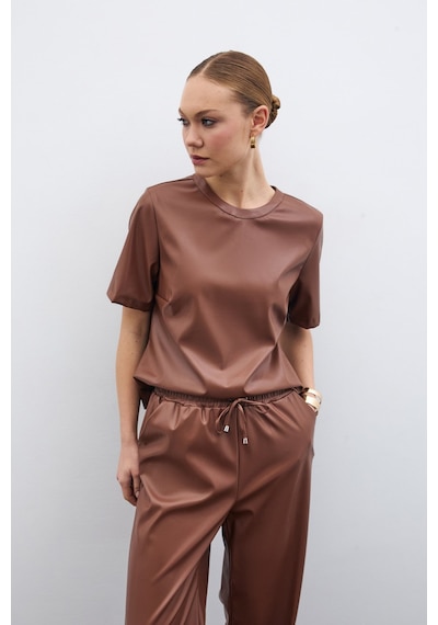 Sateen Kısa Kol Deri Bluz - Kahve-135521 Kahve