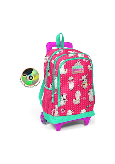 Coral High Kids Neon Mercan Alpaka Desenli Işıklı Tekerlekli Okul Çantası