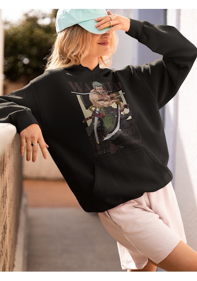 Sevbano Wanted Roronoa Zoro Baskılı Unisex Oversize One Piece Anime Hoodi Siyah