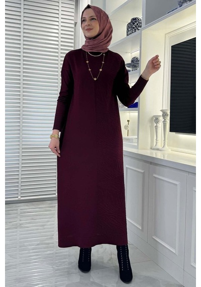 Rabia Şamlı Zebra Desen Triko Elbise Bordo Normal