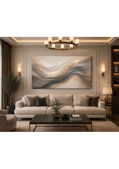 Lüx Bej Antrasit Soyut Dalga Kanvas Tablo Modern Minimalist Dokulu Görünümlü Büyük Boy Salon Yemek Odası Ofis Duvar Dekoru