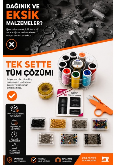 11 Parça Kapsamlı Dikiş Seti 10 Renk İplik, 55 Li İğne, Çatal İğne, Toplu İğne, Mezura Ve Seyahat Makası