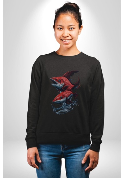 Kırmızı Japon Balığı Unisex Siyah Baskılı Sweatshirt Siyah
