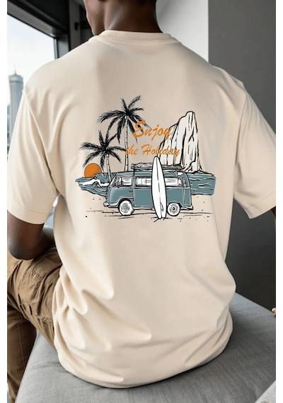 Genius Store Erkek Tişört Pamuklu Kumaş Sırt Baskılı Tişört Sokak Modası Rahat Kalıp T-shirt Vosvos-bej