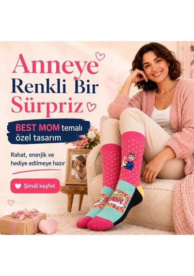 DS Wak Best Mom Kadın Çorabı 36-40 Pamuklu Dikişsiz Burun Pop Art Desenli Renkli Soket Hediyelik Çorap Çok  Renkli