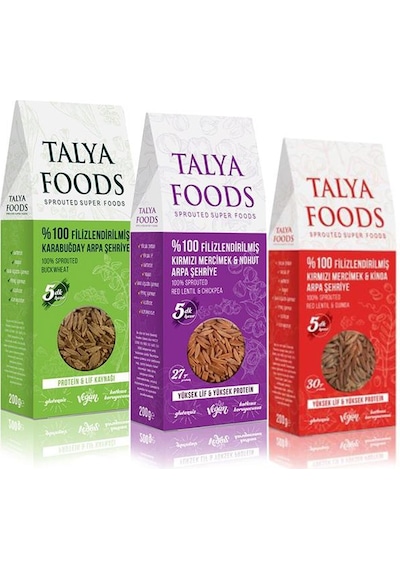 Talya Foods Karabuğday + Kırmızı Mercimek ve Nohut + Kırmızı Mercimek ve Kinda Arpa Şehriye 3 x 200 G