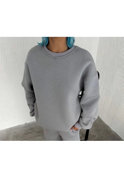 Veraura Lifestyle Kışlık Bisiklet Yaka Üç İplik Basic Sweatshirt - Gri