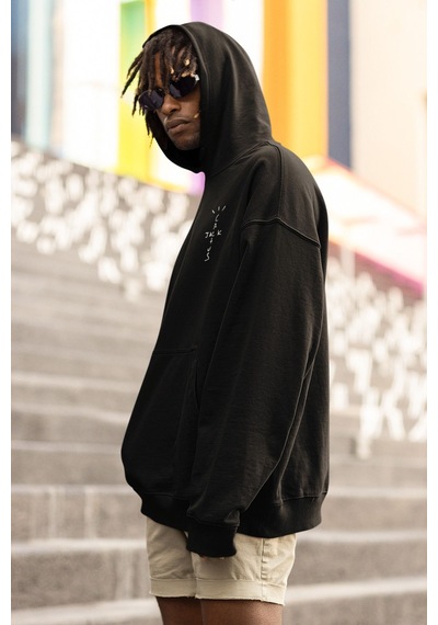 Macklin Unisex Kadın Erkek Travis Scott Highest Ön Arka Baskılı Özel Tasarım Baskılı Kapşonlu Sweatshirt Siyah Mck1517 Siyah