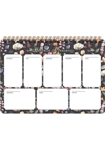 Spiralli Planner Siyah Çiçek 17x24