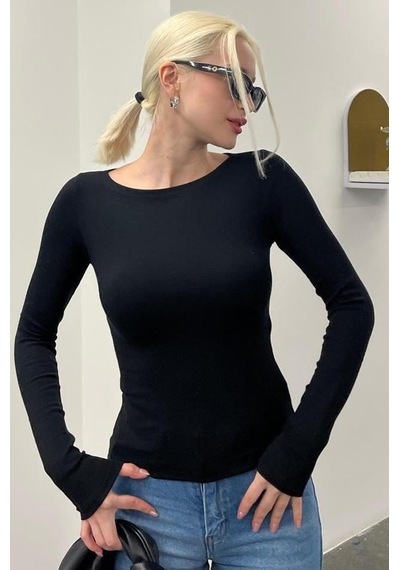 Madmext Siyah Kayık Yaka Uzun Kollu Kadın Top Body Mg2267 Siyah