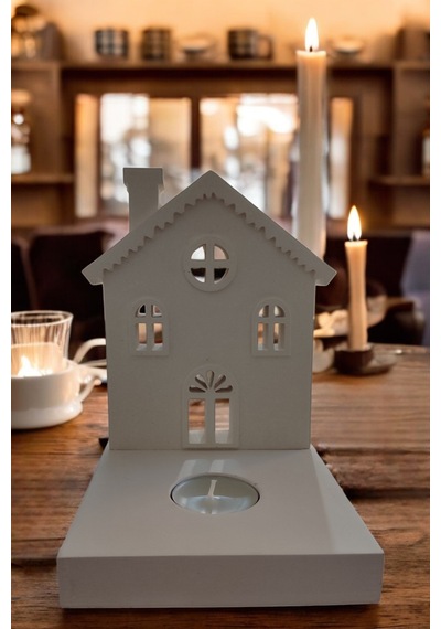 Dekoratif Tealight Mumluk - Ev Şeklinde Mumluk Tealight Mum Dahildir Beyaz