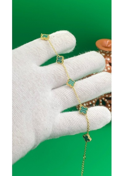 Gold Renk Yonca Desenli Minimal Bileklik Yeşil