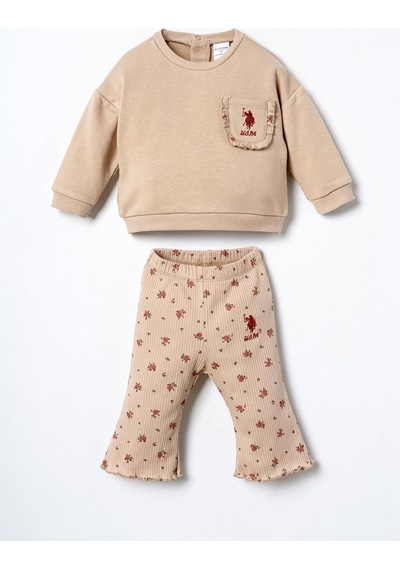 U.S. Polo Assn. U.s Polo Assn Kız Bebek Sweatshirt Tayt Takım Bej Usb3251