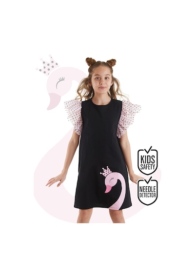 Denokids Kuğu Kız Çocuk Tüllü Fırfırlı Puantiyeli Kız Siyah Elbise