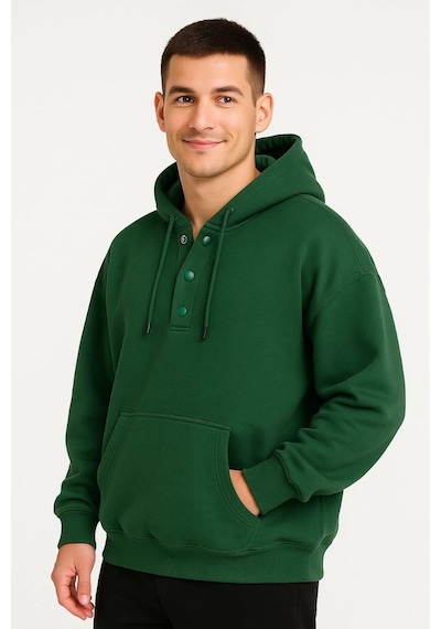 Erkek Kapüşonlu Hoodie Cepli Çıtçıtlı 3 İplik Pamuklu Sweatshirt - Haki