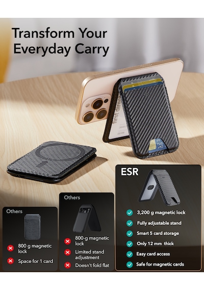 Esr Standlı 5 Kartlık Cüzdan Halolock Magsafe Cüzdan - Karbonfiber Siyah Karbonfiber Siyah