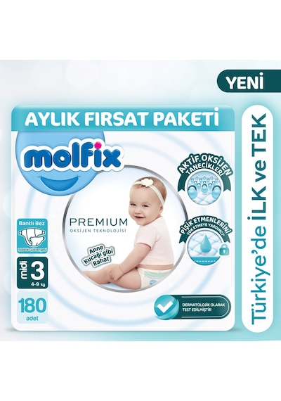 Molfix Premium Aylık Fırsat Paketi 3 Beden 180 Adet 3 Numara 3'lü