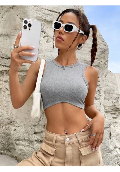 Liona Kadın Gri Melanj Bisiklet Yaka Crop Top Büstiyer Gri
