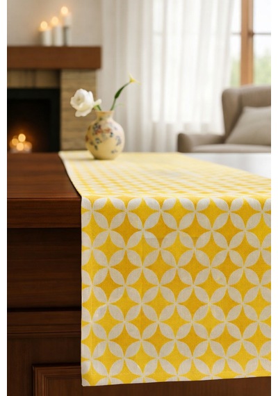 Hardal Sarı Geometrik Desenli Lüks Runner - Premium Kalite Leke Tutmaz Masa Örtüsü