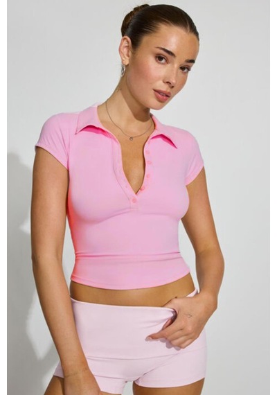Pembe Polo Yaka Basic Kadın Tişört Mg2455 Pembe