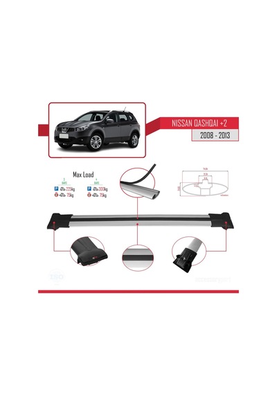 Nissan Qashqai +2 2008-2013 Arası İle Uyumlu Fly Model Ara Atkı Tavan Barı Gri 3 Adet Bar