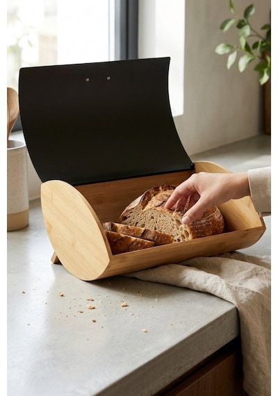 Cooker Novella Metal Kapaklı Bambu Ekmek Kutusu Ckr4543 Siyah