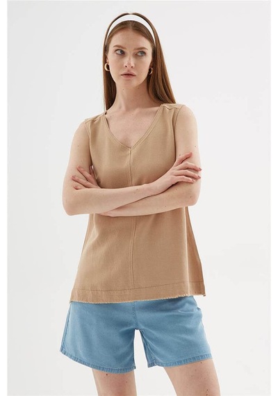 Fashion Friends V Yaka Bej Kadın Bluz 26y0530k1