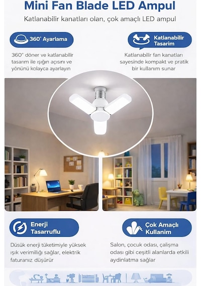 Tr 3 Kollu Katlanabilir Led Tavan Ampulü E27 Duy Uyumlu Yüksek Parlaklık Enerji Tasarruflu Modern Tavan Aydınlatma A Diğer
