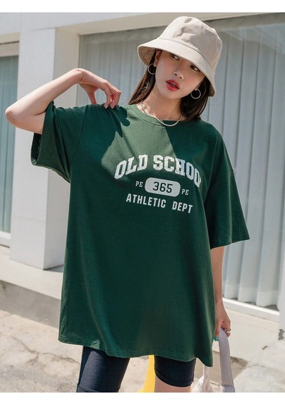 Kadın Yeşil Oversize Old School T-shirt - Oversize Baskılı Yeşil