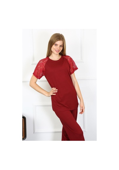 Akbeniz Kadın Kolu Dantelli Penye Pijama Takım 4152 - S Bordo