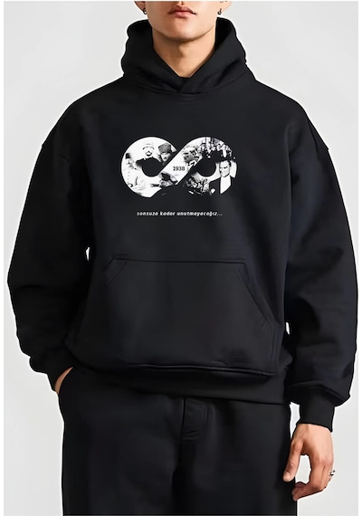 Genel Markalar 10 Kasıma Özel Üç İplik Kapüşonlu Baskılı Sweatshirt - Siyah - Renkli