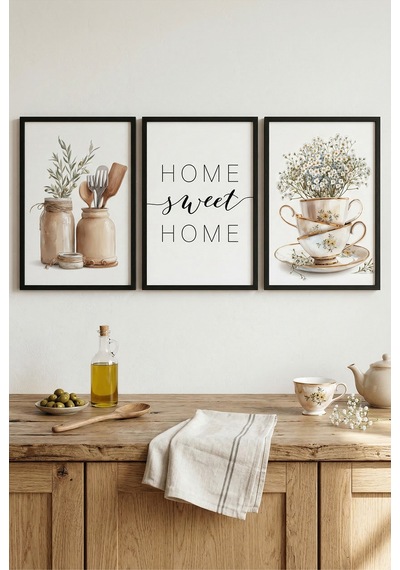 Siyah Ahşap Çerçeveli Home Sweet Home Mutfak Temalı Duvar Tablosu 3 Lü Set Siyah