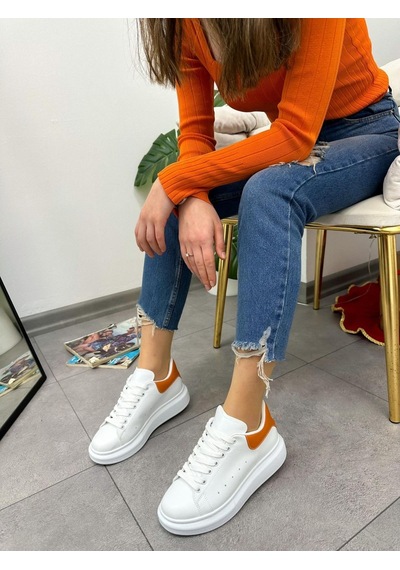 Erva'nın Butiği Beyaz Turuncu Queen Kadın Bağcıklı Sneakers-5023 Beyaz Turuncu Cilt